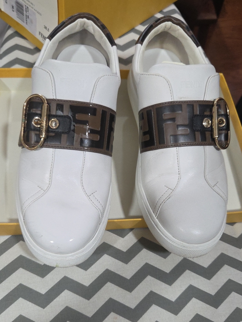 FENDI White Slip-On Women's Sneakers with Brown Logo Strap.. 38.5